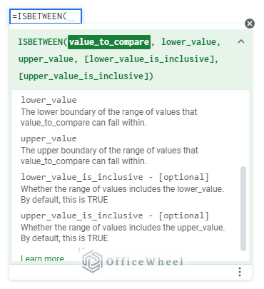 syntax of isbetween function for google sheets if between two numbers